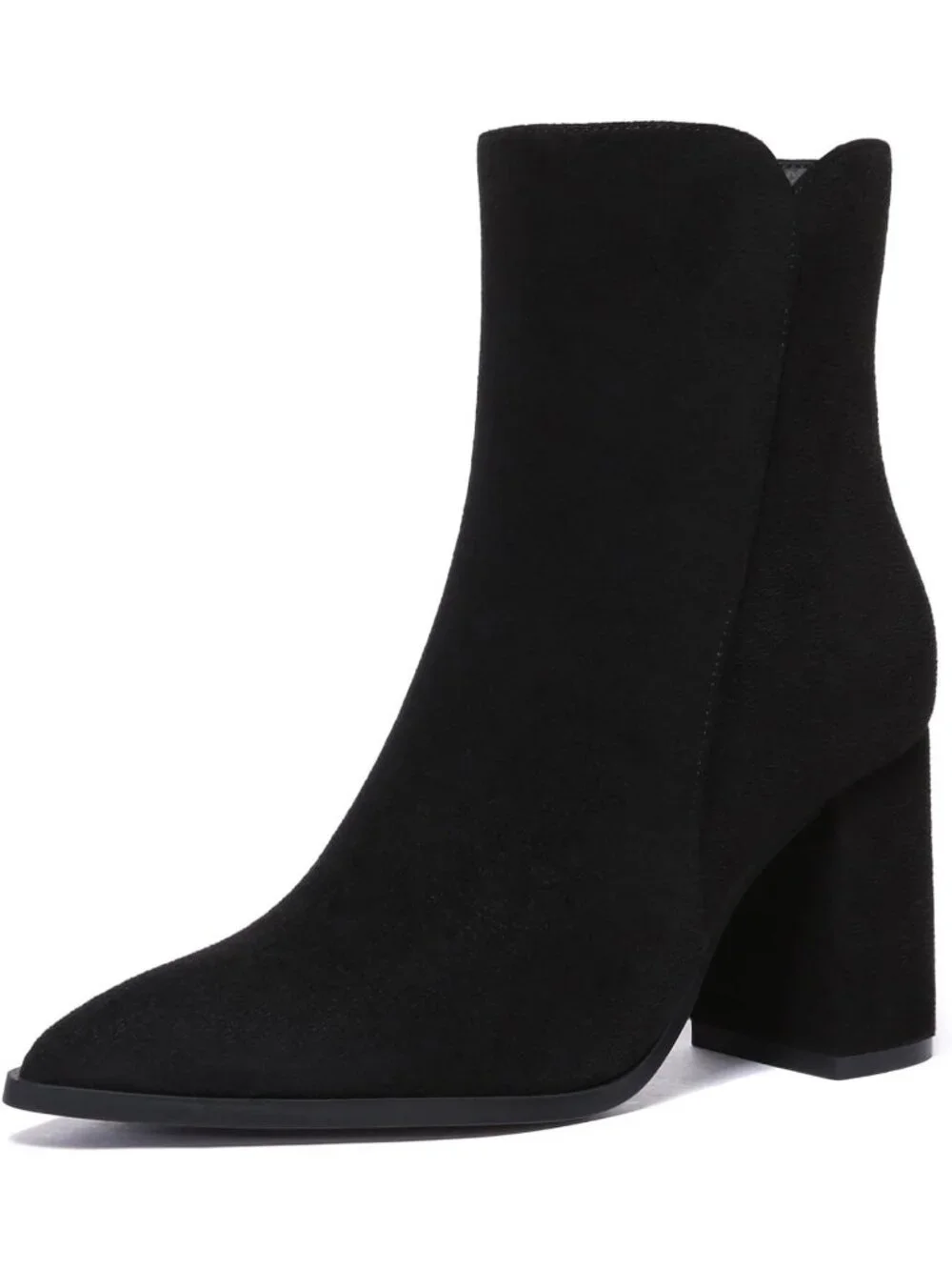 Women's Black Suede Block Heel With Side Zipper Chunky High Heel Ankle Boot